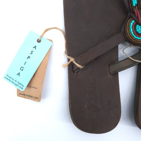 Aspiga Boho Tribal Luxe Turquoise Glass Bead Medallian T-Strap Leather Sandal 36 - Picture 4 of 8